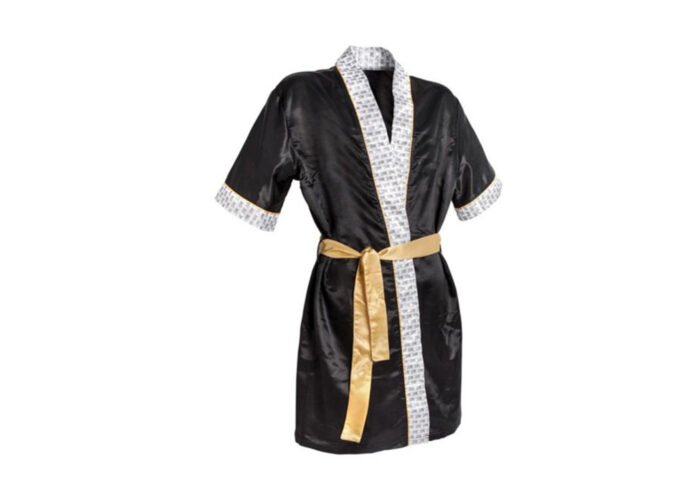 Black & Gold Trimmed Boxing Robe – Short Sleeve Satin Fight Gown with Belt