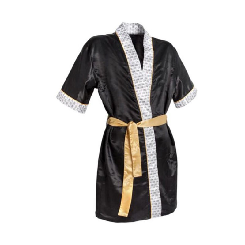 Black & Gold Trimmed Boxing Robe – Short Sleeve Satin Fight Gown with Belt