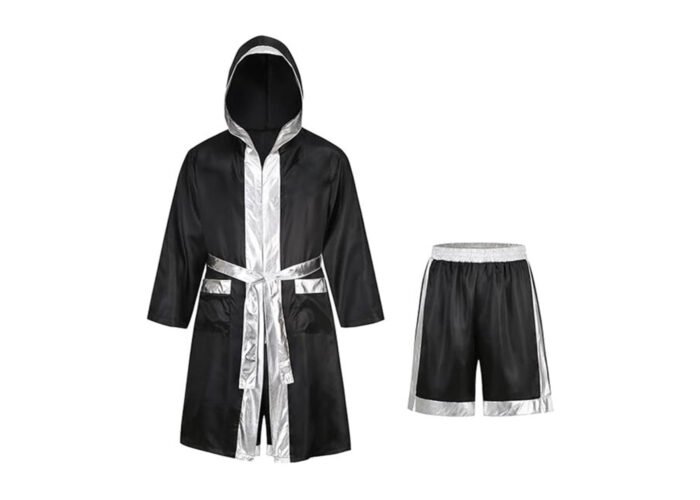 Black & Silver Boxing Robe + Shorts Set – Satin Fighter Outfit