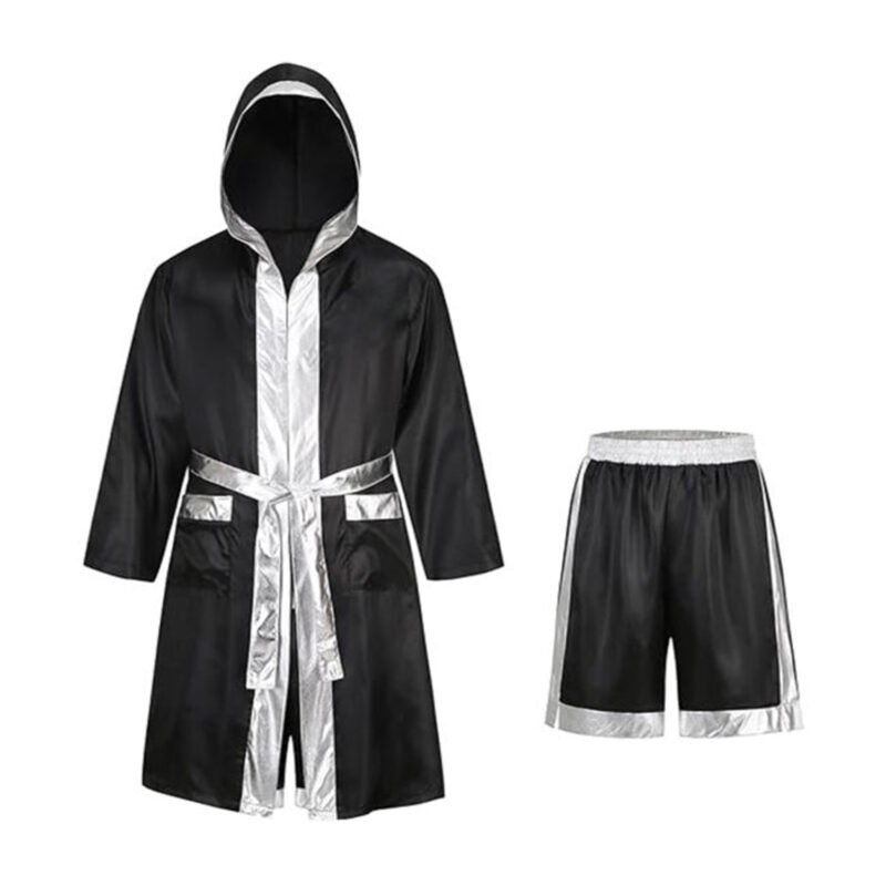 Black & Silver Boxing Robe + Shorts Set – Satin Fighter Outfit