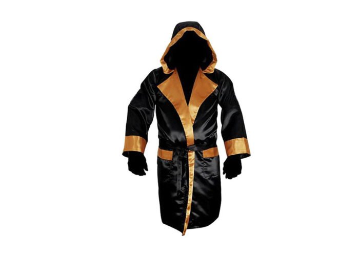 Custom Black and Gold Boxing Robe – Hooded Satin Ring Walk Gown