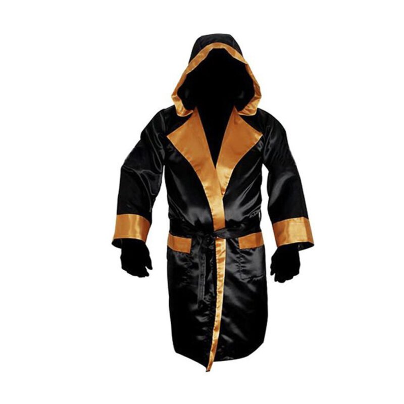 Custom Black and Gold Boxing Robe – Hooded Satin Ring Walk Gown