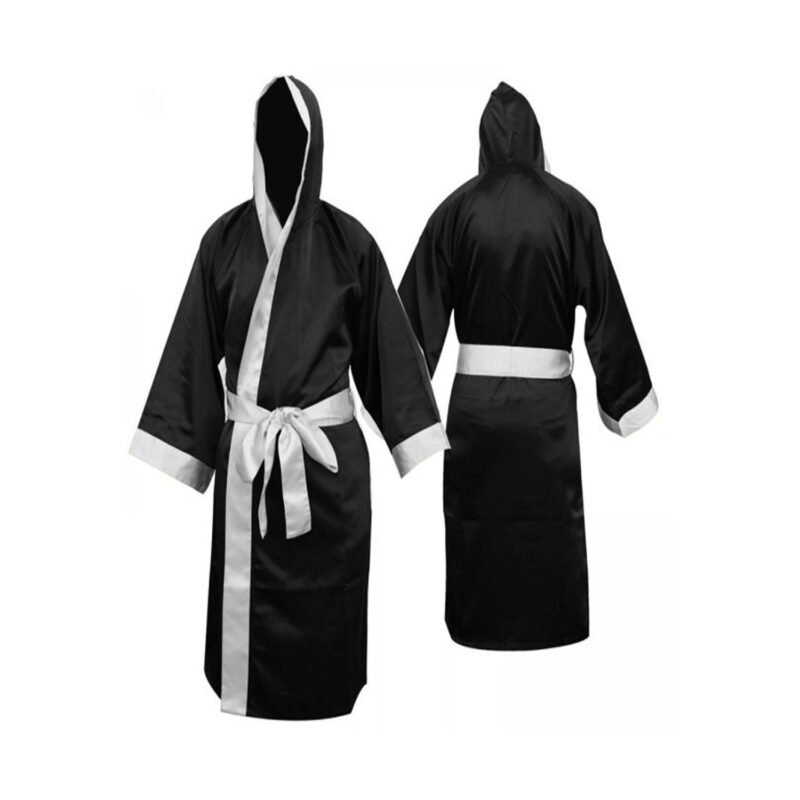 Classic Black Boxing Robe – Hooded Satin Fightwear Gown with White Trim