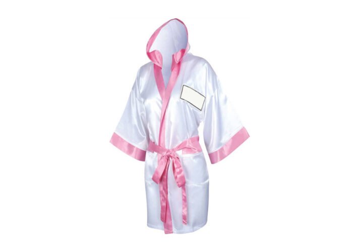 White and Pink Ladies Boxing Robe – Satin Entry Gown with Hood