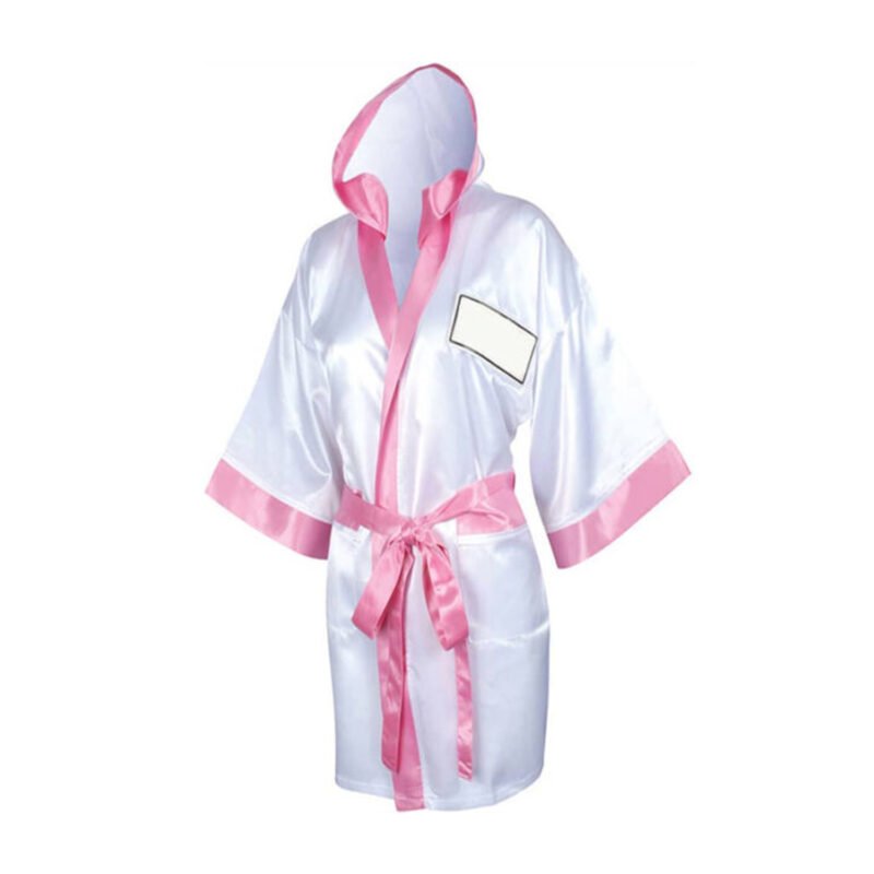 White and Pink Ladies Boxing Robe – Satin Entry Gown with Hood