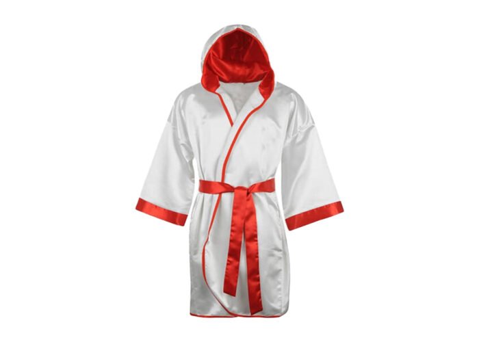 White and Red Boxing Robe – Classic Satin Hooded Gown