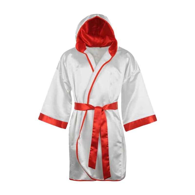 White and Red Boxing Robe – Classic Satin Hooded Gown