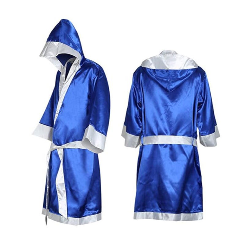 Blue Boxing Robe with Hood – Satin Ring Walk Boxing Gown